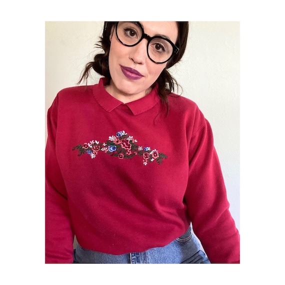Embroidered 90s Grandma Sweatshirt - Floral Sweat… - image 1