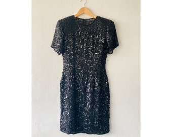 Vintage Sequin Cocktail Dress - 90s Black Sequined Cocktail Dress - Shift Dress - New Years Dress - Black Beaded Silk Mini Dress