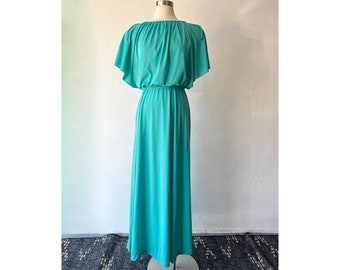 70s Prom Dress - Vintage Green Blouson Maxi Dress - Boho Full Length Gown in Teal
