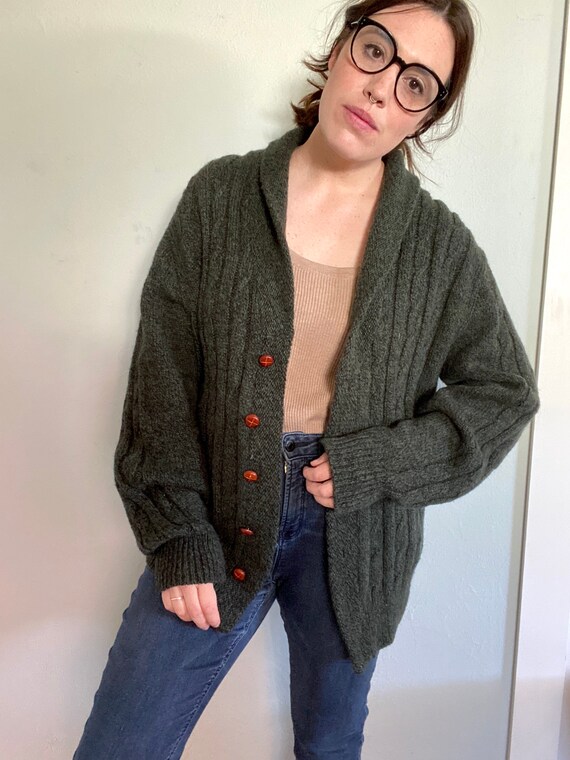 Vintage Wool Cardigan - Olive Green Grandpa Cardig