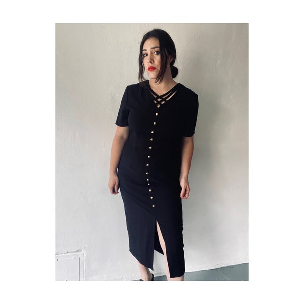 90s Button Up Black Maxi Dress - 90s Black Maxi Dress - Grunge Black Maxi Dress with Lattice Cutout Neck - Vintage Button Front Black Dress