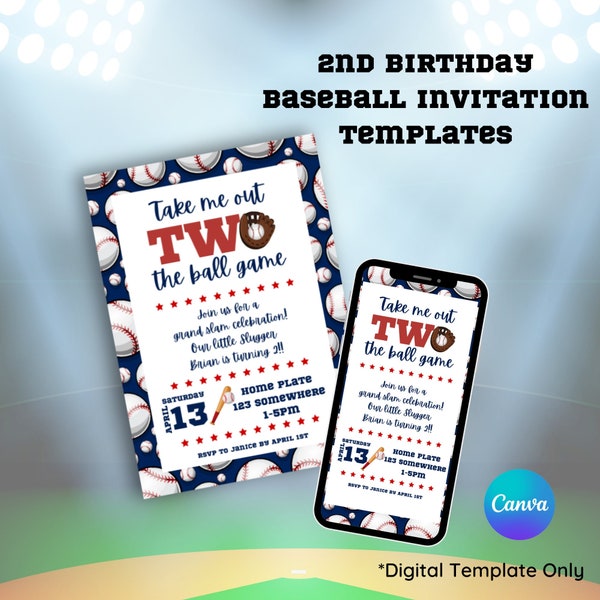 Take me out TWO the Ball Game Invite Template | Self Edit in Canva | 2nd Birthday | Baseball Birthday | Instant Download Digital
