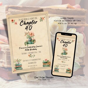 May include: A printable invitation template for a 40th birthday party with a book and plant theme. The invitation features a stack of books with a vase of flowers on top. The text on the invitation reads "In her book & plant era... Chapter 40".