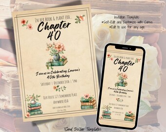 In Her Book and Plant Era | Birthday Invitation | Chapter 40 | Chapter 30 |  Book Lover | Plant Lover | Invitation Template | Canva