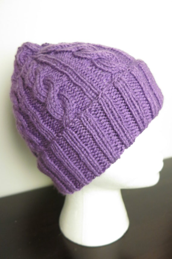 Handmade knit cabled purple hat Cabled Cap knitting pattern by Woolly Wormhead main image 3