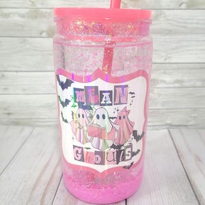 Mean Ghouls Snow Globe Tumbler: Pink Glitter Ghost Halloween Cup