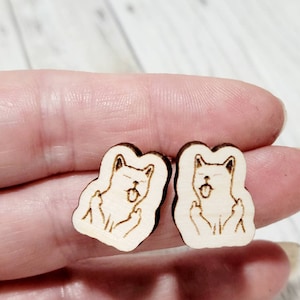 Funny Cat Earrings: Laser Cut Wood, Sterling Silver Posts
