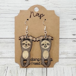 Whimsical Sloth Earrings – Laser Cut Wood Dangle Earrings | Cute Sloth Jewelry Gift for Her | Lightweight Animal Earrings
