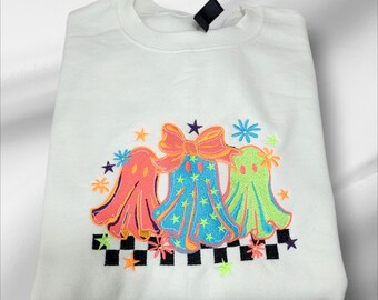 Handmade Ghost Trio Sweatshirt with Neon Sleeve Bows – Cozy Embroidered Crewneck Sweater