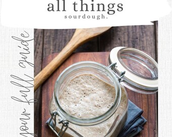 May include: A glass jar with a lid, filled with a bubbly, light brown sourdough starter. The jar is sitting on a wooden cutting board with a wooden spoon next to it. The text "all things sourdough." is written above the image. The text "@malary.pittz" is written below the image.