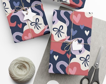 Cadeaupapier met hartpatroon, cadeaupapier Valentijnsdag, hartenstrikken, cadeaupapier met abstracte vormen