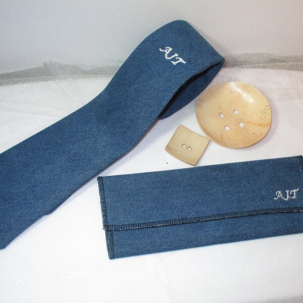 Monogrammed Denim Necktie Set. Men's Tie and Hanky Set With Monogram. Medium Blue Denim Shown