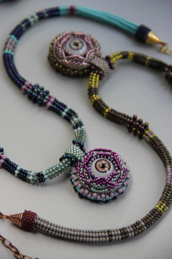 Doll eye pendant Turquoise beadweaved necklace Round pendant Etsy