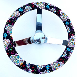 Black Folkloric Sugar Skull Day of the Dead Steering Wheel Cover