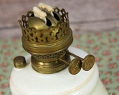 Antique Plume Atwood Duplex Burner Oil Lamp Hand Painted Milk Glass Base with Salt Box House Flowers Hard to Find Burner Excellent