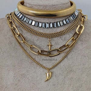 Layered Chunky Chain Halsketten-Set: Gold Edelstahl, Kristall-Choker