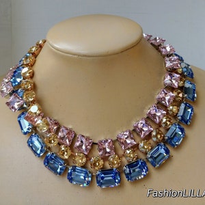 anna wintour necklace,Austrian crystal sapphire statement necklace,Georgian paste,pink princess cut necklace, golden silk  champagne riviere