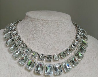 Austrian crystal necklace,anna wintour necklace,asscher cut event jewelry,large octagon glamorous clear collet,square Georgian paste riviere