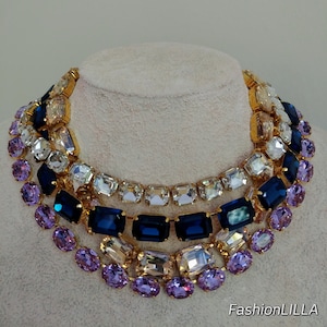 Austrian sapphire crystal necklace,anna wintour necklace,champagne Georgian paste riviere,oval violet collet,diamante statement necklace