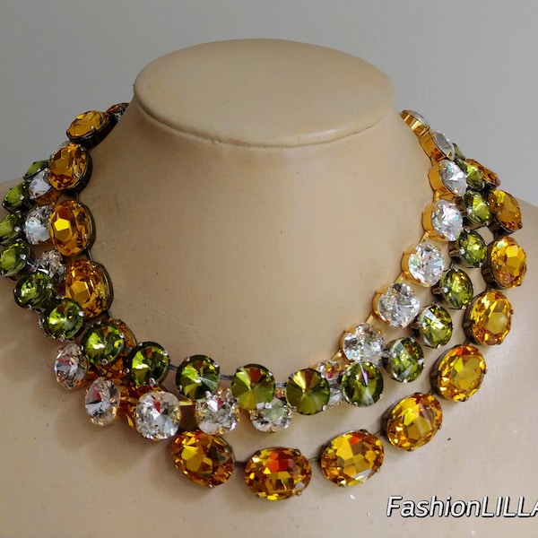 anna wintour necklace,olivine green rivoli necklace,Austrian crystal oval topaz riviere,cushion cut Georgian Paste collet,layering necklace