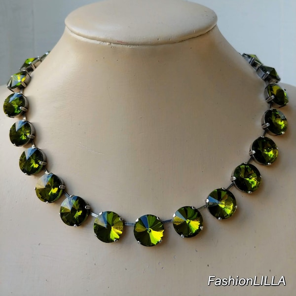 Olivine riviere necklace,olivine crystal choker,green rivoli crystal necklace, olivine jewelry,green l jewellery,green rhinestone necklace