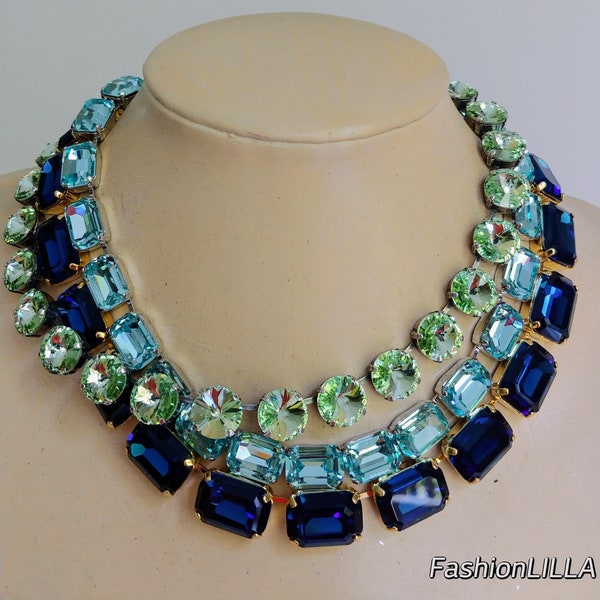 anna wintour necklace,Swarovski crystal necklace,aquamarine collet,montana sapphire Georgian paste riviere,crystolite crystal necklace