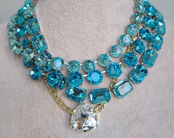 anna wintour necklace, Aquamarine Austrian crystal riviere, statement collet, octagon collet silver, brilliant cut layering necklace