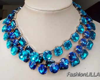 Anna Wintour necklace,aquamarine old mine cut statement necklace,sapphire Georgian paste riviere, montana sapphire crystal necklace,