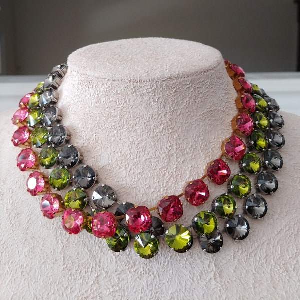 Swarovski crystal cushion cut necklace,anna wintour necklace,olivine riviere,black diamond Georgian paste,rose pink necklace,rivoli jewelry