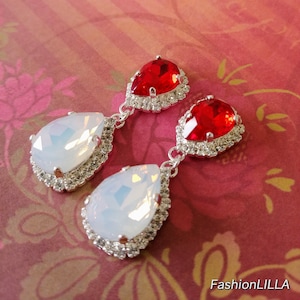 Siam ruby red crystal earring, Swarovski crystal halo dangle earring, white opal teardrop, mother of bride, large wedding earring silver
