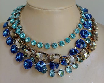 anna wintour necklace,greige Austrian crystal oval  necklace,sapphire riviere,aquamarine Georgian Paste collet,blue tennis necklace