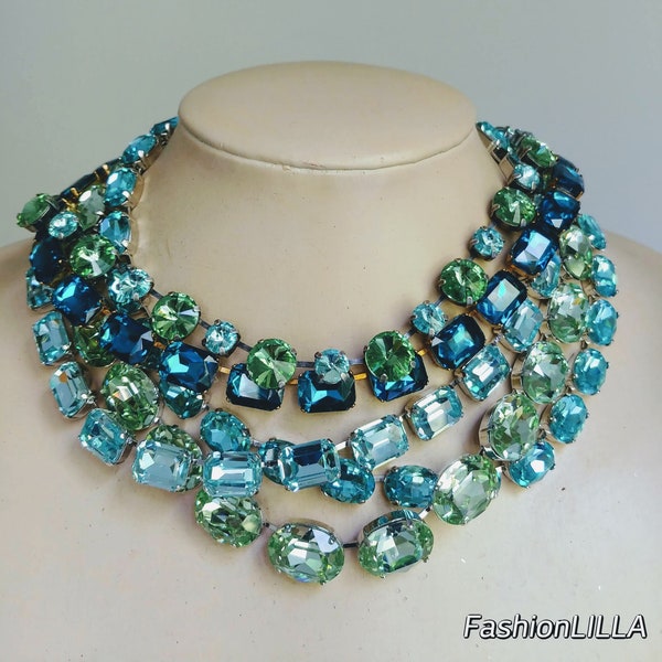 anna wintour necklace,Aquamarine Austrian crystal riviere necklace,crystolite green statement collet,sapphire layering crystal necklace