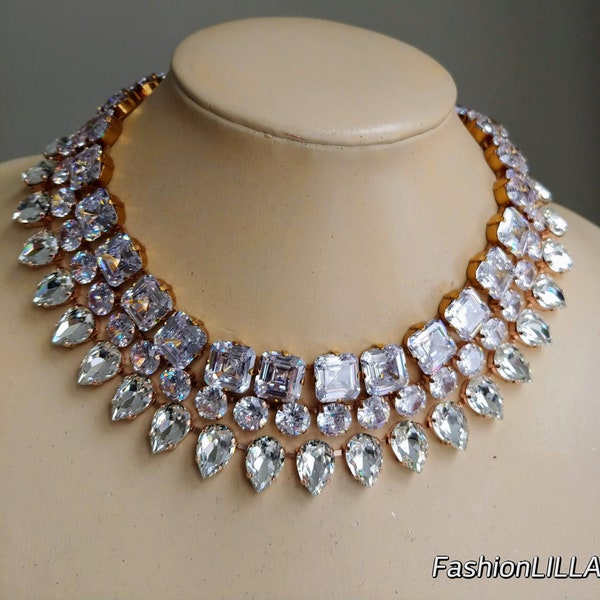 Austrian crystal wedding necklace gold,Anna Wintour necklace,layering diamante statement necklace,bridesmaid jewelry,cruise party necklace