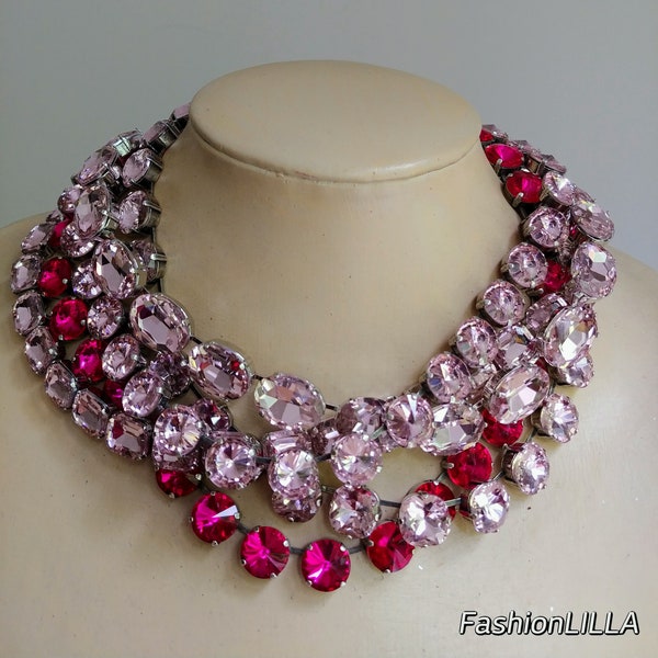 Anna Wintour necklace, Austrian crystal necklace, pink statement necklace,Georgian paste fuchsia riviere collet, pink bridesmaid jewelry