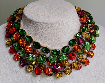 anna wintour necklace,Austrian crystal necklace,harlequin riviere,peridot Georgian paste collet,statement necklace,emerald oval riviere