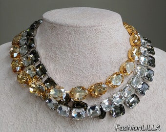 anna wintour necklace,golden silk champagne oval Austrian crystal riviere,black diamond Georgian paste,clear octagon crystal collette