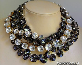 anna wintour necklace,black diamond necklace,diamante statement necklace,black and white necklace,grey rhinestone riviere,Georgian paste