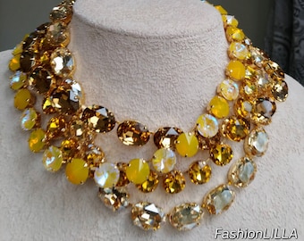 Anna wintour necklace, Austrian crystal golden silk champagne collet,Georgian paste,topaz  iridescent necklace, Light Colorado topaz riviere