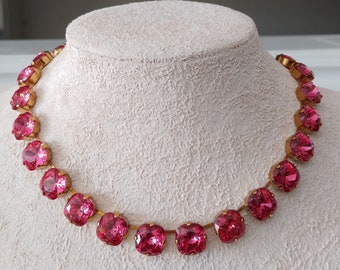 Austrian crystal vintage rose pink cushion cut necklace,anna wintour necklace,Georgian paste jewelry gold,pink necklace,bridesmaid jewelry