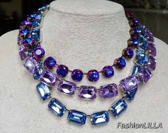 Austrian crystal light sapphire blue anna wintour necklace, cushion cut vitrail light purple and fuchsia collet, violet octagon riviere