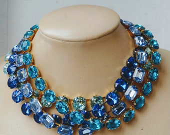 Sapphire Austrian crystal anna wintour necklace, aquamarine cushion cut collet, Georgian paste riviere gold, mother of bride, blue topaz