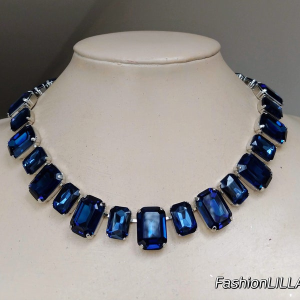 montana sapphire crystal statement necklace,navy blue wedding necklace,boho party jewelry,large rectangle rhinestone bib necklace