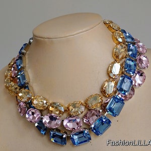 anna wintour necklace, sapphire octagon Austrian crystal riviere, pink large oval collet silver, champagne Georgian paste, mother of bride zdjęcie 3