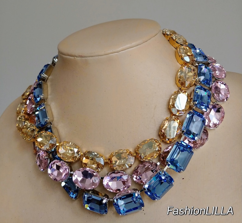 anna wintour necklace, sapphire octagon Austrian crystal riviere, pink large oval collet silver, champagne Georgian paste, mother of bride zdjęcie 3