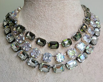 anna wintour necklace, asscher cut zircon riviere, black diamond Austrian crystal collet, grey mother of bride necklace, Georgian paste