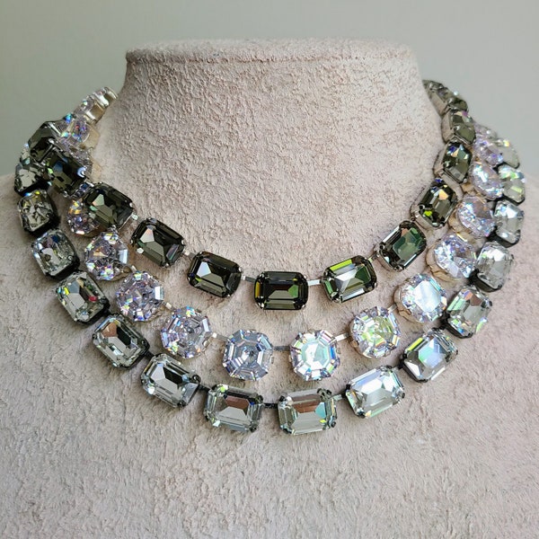 anna wintour necklace, asscher cut zircon riviere, black diamond Austrian crystal collet, grey mother of bride necklace, Georgian paste