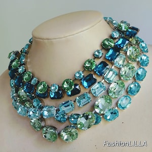 anna wintour necklace, Aquamarine riviere, crystolite green statement collet, sapphire layering Austrian crystal necklace, Georgian paste image 3