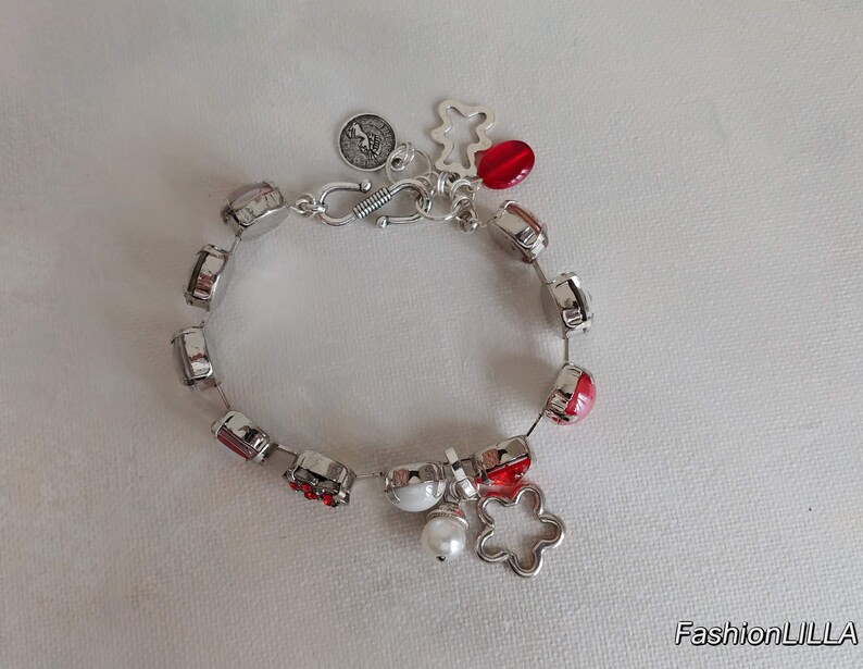 charm bracelet,multicolor rhinestone bracelet,whimsical bracelet,red bracelet,colorful jewellery,summer jewellery,red and white bracelet
