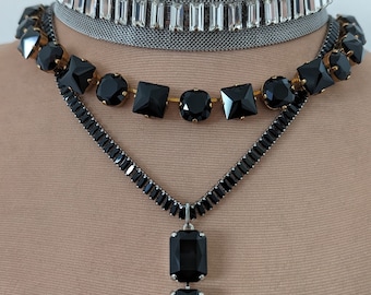 Black crystal riviere, ana wintour necklace, wide rhinestone choker, black baguette zircon necklace, large pendant necklace, mother of bride