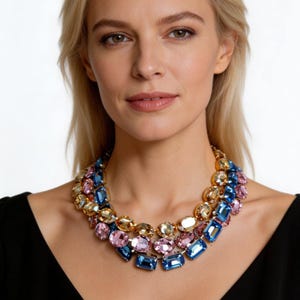 anna wintour necklace, sapphire octagon Austrian crystal riviere, pink large oval collet silver, champagne Georgian paste, mother of bride